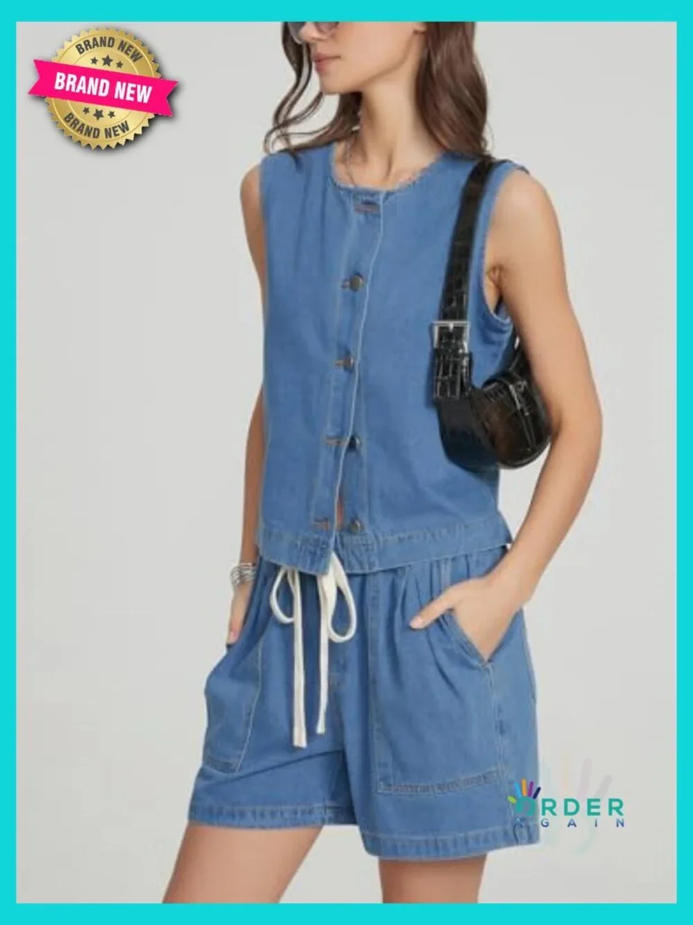 Denim Two Piece Outfits Casual Sleeveless Vest with Elastic Waist Baggy Jean